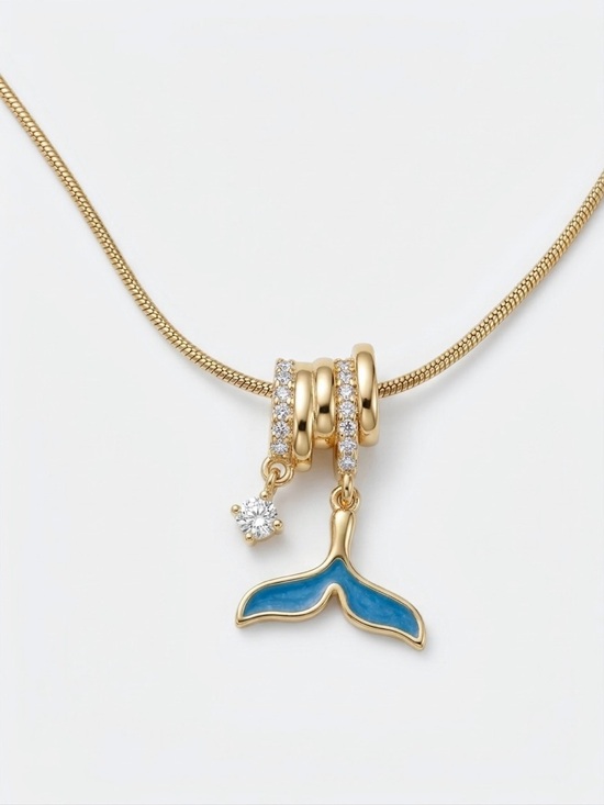 SC JEWELRY Jewelry - 14K Gold Plated Whale Tail Necklace with Blue Enamel & Sparkling Zircon Charms